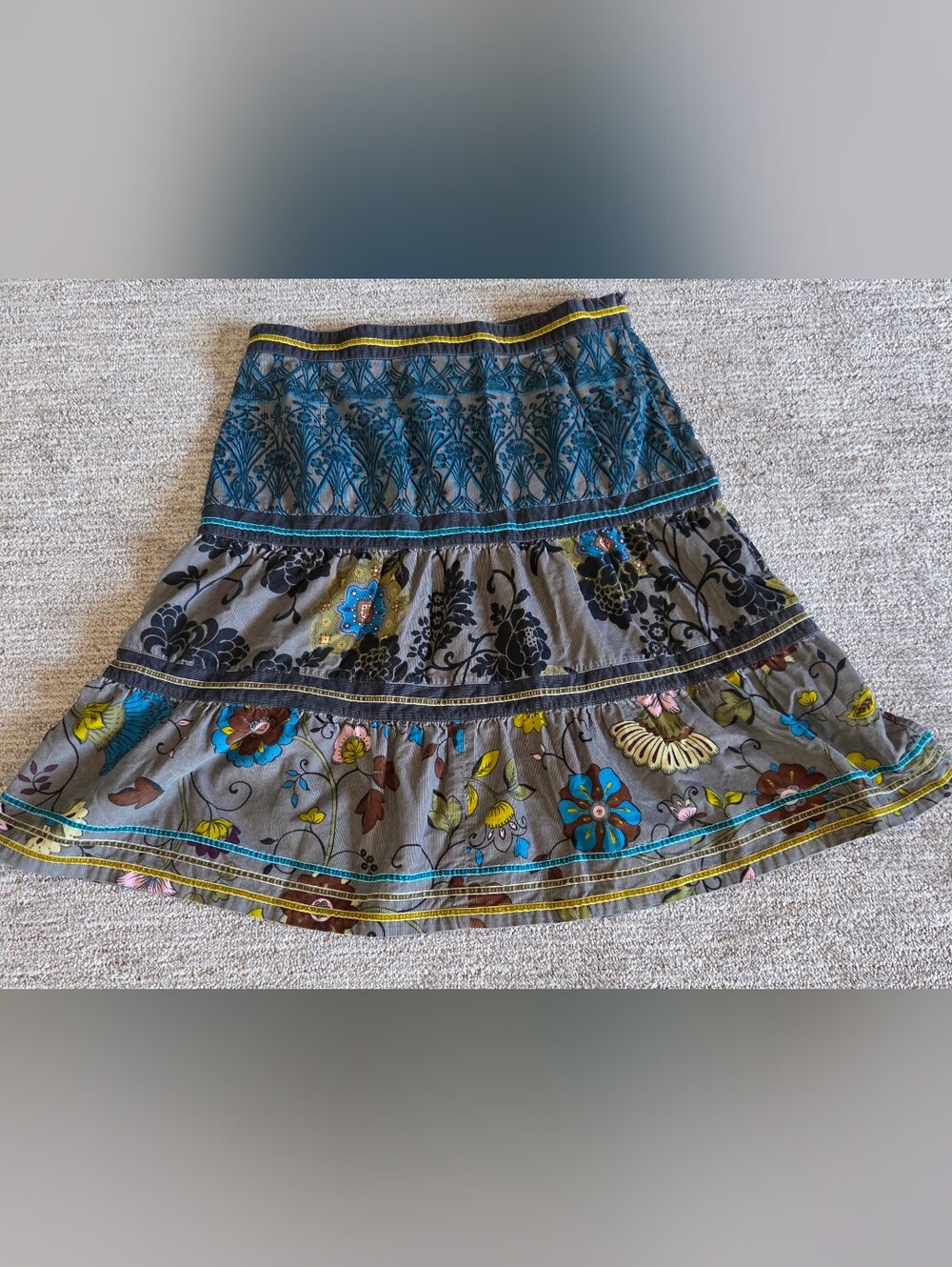 90s Vintage Jackpot Denmark Boho Tiered Floral Corduroy Cotton Skirt